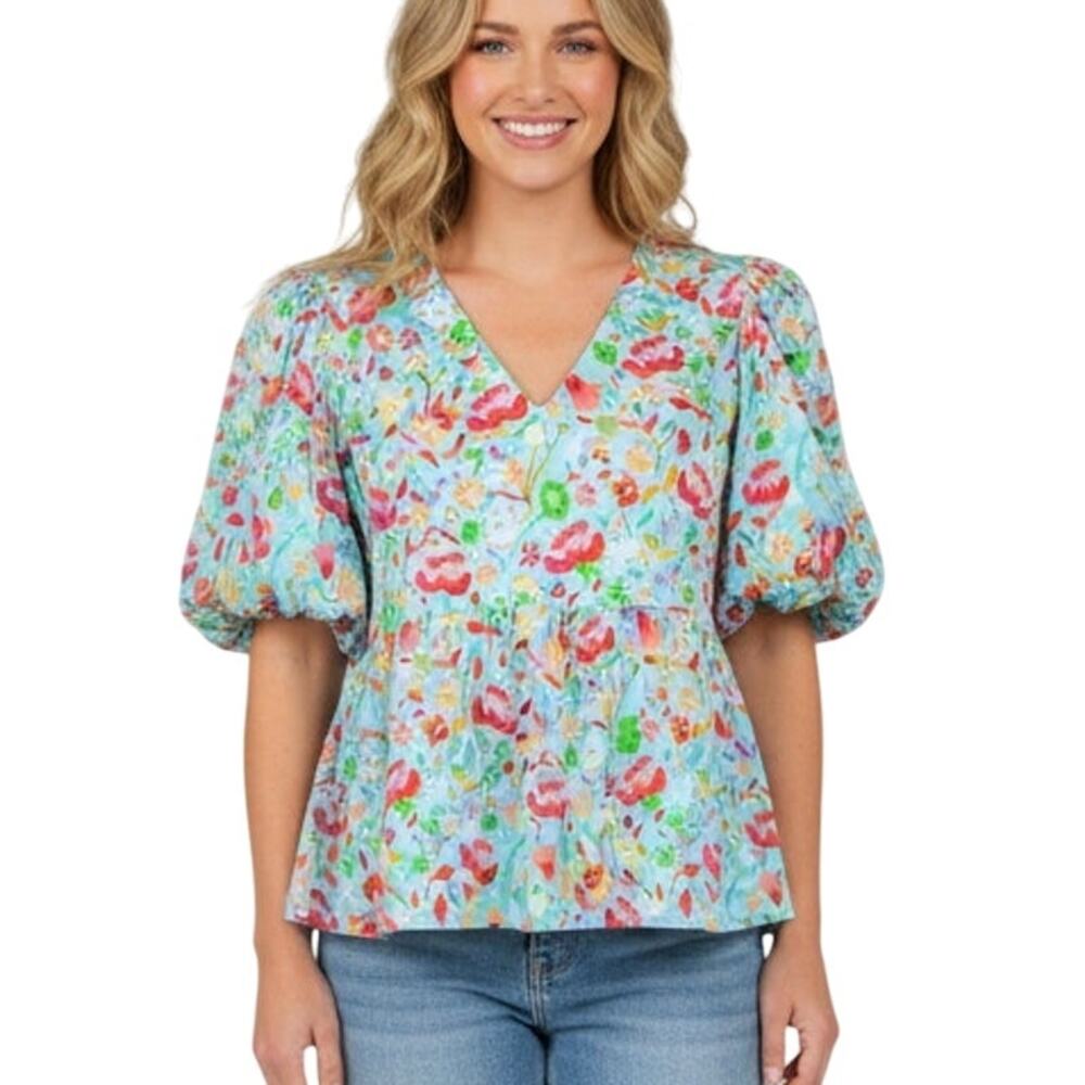 CROSBY Mollie Burch Jackie V Neck Puff Sleeve Top Medium Minty Aqua Floral